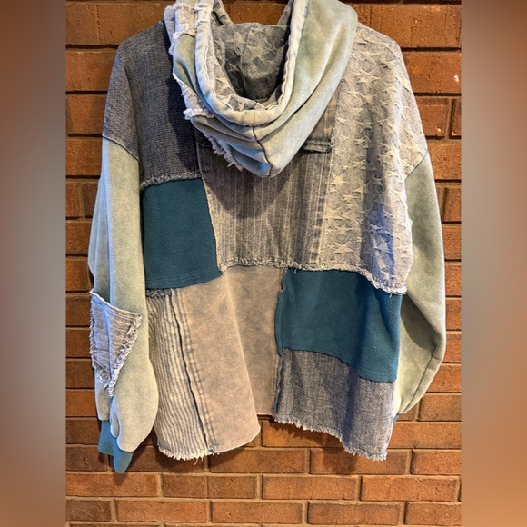 Oli & Hali Patchwork Hoodie in Blue and Gray denim stars small s oversized - Picture 5 of 7